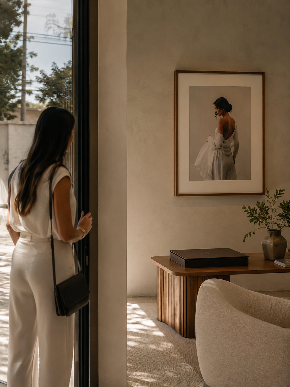 Cliente entrando em um ambiente elegante de estúdio fotográfico, observando discretamente os sinais de valor antes de qualquer conversa sobre preço.