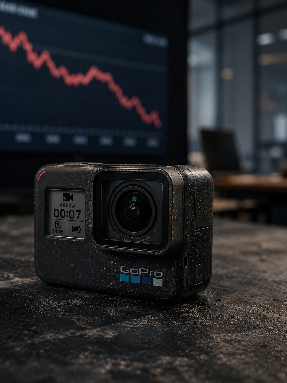 Câmera de ação em primeiro plano sobre superfície escura, com gráfico financeiro em queda ao fundo, simbolizando a revisão estratégica da GoPro e a pressão no mercado de câmeras de ação.