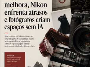 Arte editorial sobre tendências da fotografia em 2026, com câmera, filme fotográfico, fotografia de gato e referências a Kodak, Nikon e espaços sem inteligência artificial.