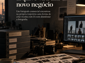 Arquivo fotográfico, câmera e estação de trabalho representando novos modelos de negócio para fotógrafos com inteligência artificial.