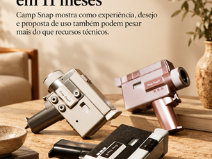 Câmeras Camp Snap CS-8 com design inspirado nas antigas Super 8, equipamento digital sem tela para reprodução imediata de vídeos.