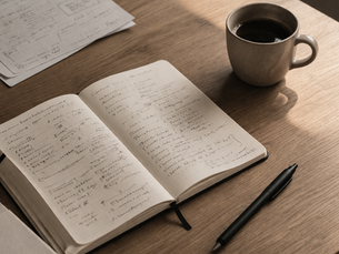 Caderno aberto com anotações manuscritas e café em mesa com luz natural