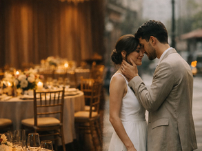 Casamento tradicional em salão vazio ao lado de casal em ensaio simples ao ar livre, representando diferentes formatos de casamento