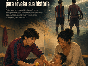 Ilustração editorial de um jovem jogador ao lado de uma mãe dando banho em um bebê, com dois jogadores diante de um estádio ao fundo.