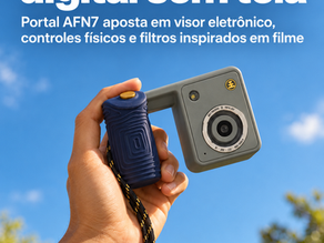 Portal AFN7, câmera digital sem tela traseira, sendo segurada ao ar livre