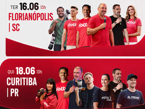 Arte dos workshops gratuitos da Fotto em Florianópolis e Curitiba, com datas dos eventos, fotógrafos participantes e chamada para fotografia esportiva em outro nível.