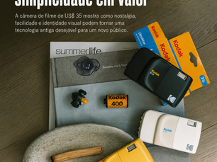 Câmeras Kodak EC35 nas cores preta, branca e amarela ao lado de filmes fotográficos, com o título sobre transformar simplicidade em valor.