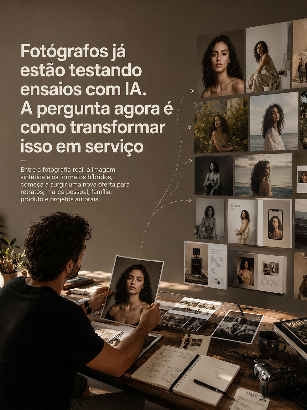 Fotógrafo em estúdio analisa retrato impresso diante de um painel com variações visuais criadas a partir de fotografia real e inteligência artificial.