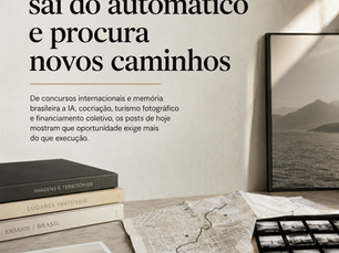 Composição editorial com fotografias impressas, mapa de percurso, fotolivros, folha de contatos e celular, com título do Boletim Spotlink sobre fotografia, IA e novos caminhos.