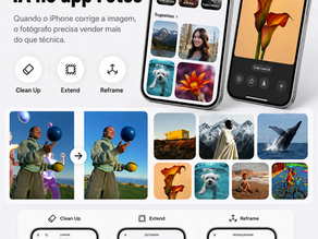 Imagem editorial vertical sobre a chegada de recursos de inteligência artificial ao app Fotos da Apple, com smartphones exibindo ferramentas de edição como Clean Up, Extend e Reframe, além do título “Frame IA: Apple colocou IA no app Fotos” e o subtítulo “Quando o iPhone corrige a imagem, o fotógrafo precisa vender mais do que técnica.