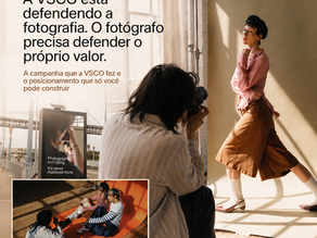 Arte editorial vertical com fotógrafo em estúdio registrando uma modelo diante de um fundo iluminado por luz natural. A composição inclui referências visuais à campanha da VSCO e o texto “Momento R.U.M.O. A VSCO está defendendo a fotografia. O fotógrafo precisa defender o próprio valor”.