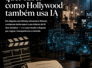 Cena ultra-realista de um estúdio de cinema escuro com claquete, documentos legais, telas e interfaces digitais de inteligência artificial, acompanhada do título sobre Midjourney e o uso de IA por Hollywood.