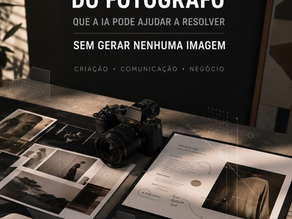 Mesa de trabalho de fotógrafo com câmera, referências visuais e proposta comercial, ilustrando três problemas que a IA pode ajudar a resolver sem gerar imagens.