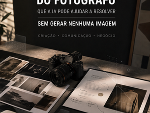 Mesa de trabalho de fotógrafo com câmera, referências visuais e proposta comercial, ilustrando três problemas que a IA pode ajudar a resolver sem gerar imagens.