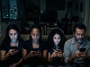 Família brasileira sentada à noite olhando para smartphones, com rostos iluminados por luz azul, simbolizando desconexão e consumo digital de imagens