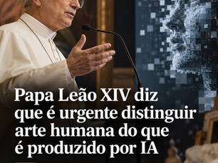 Papa Leão XIV diante de representação de inteligência artificial em ilustração sobre arte humana e IA.