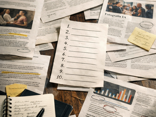 Mesa com documentos e anotações representando análise de conteúdos e tendências no mercado da fotografia