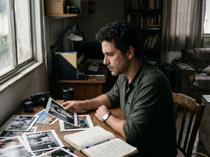 Fotógrafo brasileiro analisando fotos impressas e anotações em mesa, em um momento de reflexão sobre decisões no negócio fotográfico