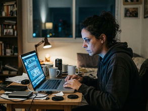 Fotógrafa trabalhando tarde da noite editando fotos no laptop, cercada por equipamentos e papéis em uma mesa desorganizada, representando os desafios reais de viver da fotografia.