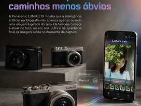 Imagem editorial em formato vertical mostrando câmeras Panasonic LUMIX sobre uma bancada, ao lado de um smartphone com o aplicativo LUMIX Lab aberto. A arte destaca o tema da inteligência artificial entrando nas câmeras por meio de foco inteligente, cor, Real Time LUT e Magic LUT, com atmosfera tecnológica, luz dramática e elementos visuais coloridos ligados à edição de imagem.