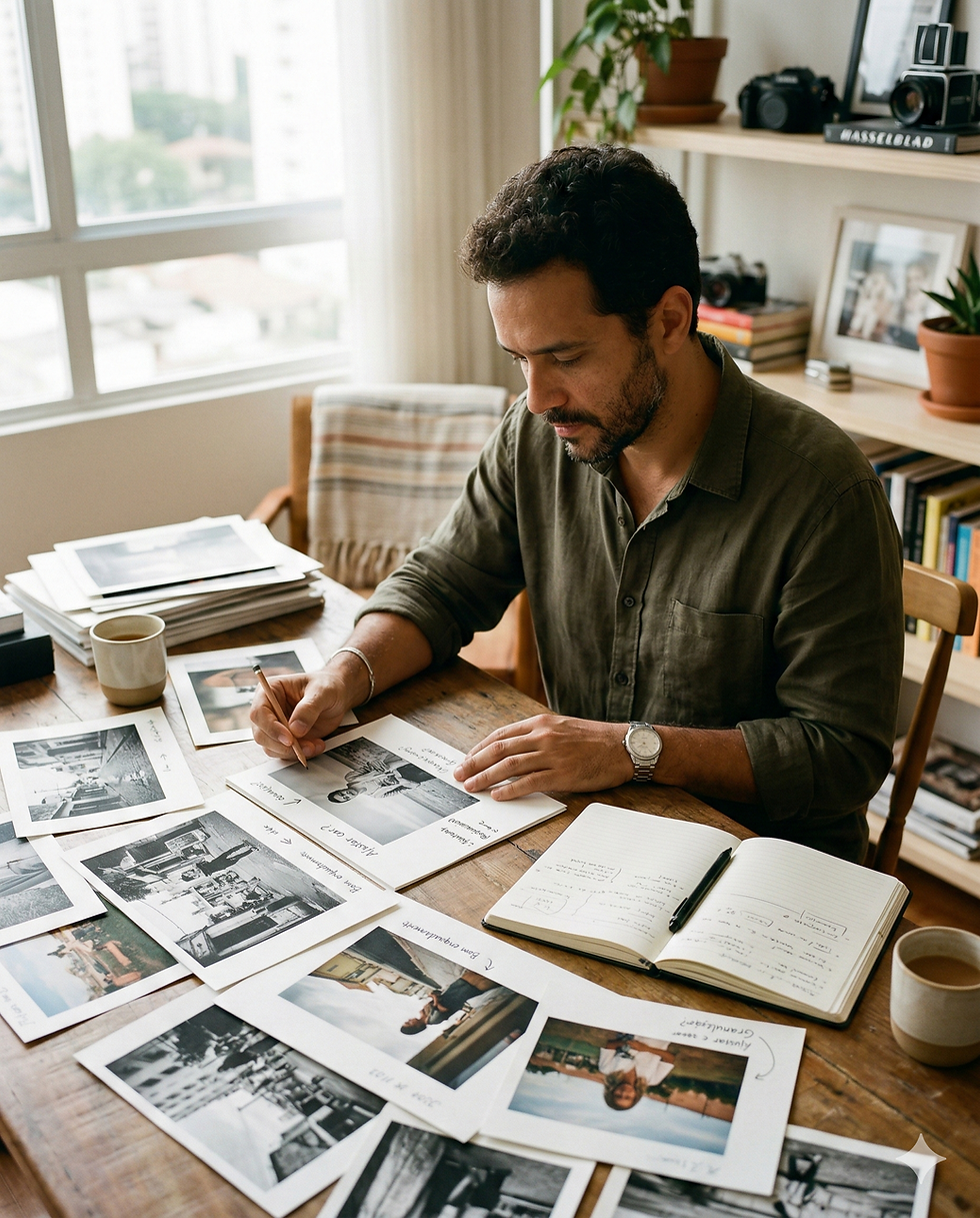 Fotógrafo analisando impressões e planejamento de trabalho em mesa com luz natural