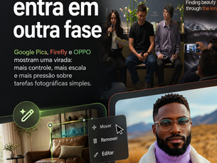 Arte editorial em formato vertical sobre IA visual, com referências ao Google Pics, Adobe Firefly e OPPO, destacando controle de imagem, retratos por IA e novas pressões sobre tarefas fotográficas simples.