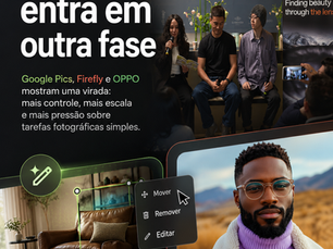 Arte editorial em formato vertical sobre IA visual, com referências ao Google Pics, Adobe Firefly e OPPO, destacando controle de imagem, retratos por IA e novas pressões sobre tarefas fotográficas simples.
