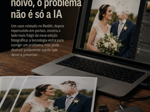 Mesa de edição fotográfica com laptop e fotos impressas de casamento mostrando o rosto do noivo parcialmente apagado por falha de inteligência artificial.