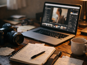 Espaço de trabalho de fotógrafo com câmera, notebook e anotações, mostrando rotina intensa e organização informal do negócio