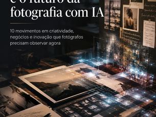 Mesa de trabalho com fotografias impressas, anotações e camadas digitais luminosas representando o futuro da fotografia com inteligência artificial.