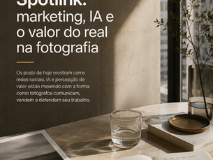 Mesa minimalista com celular, fotografia impressa, caderno com anotações sobre percepção de valor e texto do Boletim Spotlink sobre marketing, IA e o valor do real na fotografia.