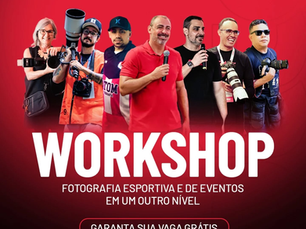 Arte de divulgação do Workshop Fotto em São Bernardo do Campo, com palestrantes de fotografia esportiva e de eventos e informações sobre o evento gratuito no dia 1º de junho.
