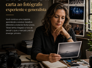 Fotógrafa experiente analisa diferentes fotografias de seu portfólio sobre uma mesa, cercada por imagens de casamentos, eventos, retratos, arquitetura e fotografia urbana.