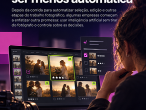 Fotógrafa selecionando imagens em software com inteligência artificial, representando o uso de IA com controle humano no fluxo fotográfico.