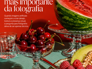 Natureza-morta ultra realista em formato vertical, com fundo vermelho intenso e mesa verde-água. À esquerda, o título em letras grandes brancas diz “A IA está mudando a pergunta mais importante da fotografia”, seguido de um subtítulo menor sobre imagens artificiais, desejo, textura e presença visual. À direita e na parte inferior, uma composição com frutas e objetos de vidro: meia melancia sobre pedestal de cristal, taça com cerejas vermelhas brilhantes, prato com framboesas, fatias de melão e talheres dourados, além de um copo de vidro e algumas cerejas soltas sobre a mesa. A imagem tem luz forte, sombras marcadas e estética editorial sofisticada.
