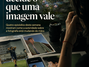 Capa editorial com uma pessoa observando fotografias impressas, um smartphone processando imagem com IA, referências visuais a uma pintura de nenúfares e elementos ligados à autoria, uso indevido e valor da fotografia. O título na imagem diz: “Quem decide o que uma imagem vale”.