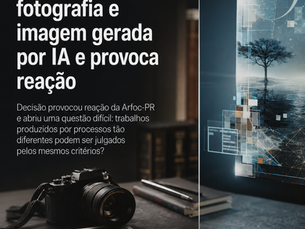 Arte editorial sobre concurso da OAB-PR que mistura fotografia e imagem gerada por IA, com câmera sobre mesa, documento e tela digital ao fundo.
