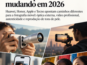 Arte sobre quatro tendências da fotografia móvel em 2026 envolvendo Huawei, Honor, Apple e Tecno.