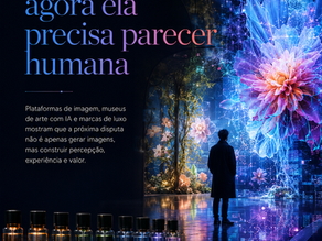 Arte vertical sobre a nova fase da IA, com ambiente imersivo de arte digital, frascos iluminados e o título “A IA entrou numa nova fase: agora ela precisa parecer humana”.