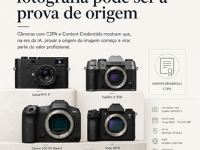 Arte editorial minimalista sobre câmeras com C2PA e Content Credentials, mostrando modelos como Leica M11-P, Fujifilm X-T50, Canon EOS R5 Mark II, Sony A9 III e Fujifilm GFX100S II, com referência à prova de origem na fotografia.