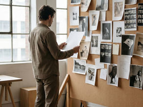 Fotógrafo observando parede com fotografias impressas em estúdio, avaliando posicionamento e direção de trabalho