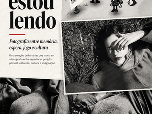 Colagem editorial em preto e branco sobre fotografia, reunindo referências a videogame fotográfico, fotografia autoral e fotografia documental, com o título O que estou lendo.