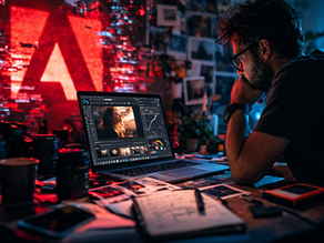 Fotógrafo trabalhando tarde da noite editando imagens no laptop em ambiente escuro, representando os desafios da edição profissional de fotografia na era da inteligência artificial.