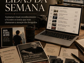 Capa editorial em formato vertical com mesa de trabalho de fotógrafo, fotos impressas, laptop com ranking de conteúdos, câmera, anotações e elementos visuais sobre inteligência artificial, mercado e posicionamento, com o título “As mais lidas da semana” aplicado em destaque.