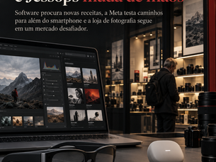 Montagem editorial com software de fotografia, óculos inteligentes e loja de câmeras representando mudanças no mercado fotográfico, IA, hardware e varejo.