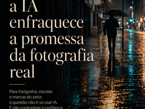 Arte editorial em 3:4 com rua molhada à noite, figura com guarda-chuva e o título “Quando a IA enfraquece a promessa da fotografia real”.