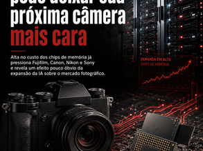 Câmera fotográfica ao lado de chips e servidores ilustrando como a expansão da inteligência artificial pode aumentar o custo das câmeras.