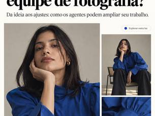 Capa editorial com três imagens geradas por IA de uma mulher de blusa azul e o título “E se você tivesse um agente de IA na sua equipe de fotografia?”.