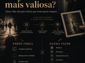 Infográfico sobre como a inteligência artificial pode mudar o valor da fotografia humana, destacando autoria, processo, contexto e experiência real.