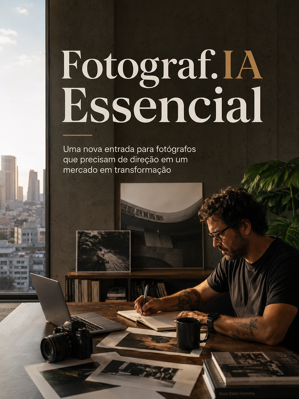 Fotógrafo em ambiente de trabalho estratégico com câmera, laptop, fotos impressas e o título Fotograf.IA Essencial, representando IA, negócios e inovação para fotógrafos.